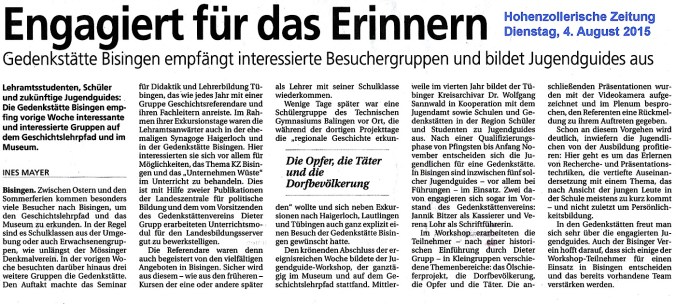 Hohenzollerische Zeitung  4.8 2015 - Engagiert füe das Einnern